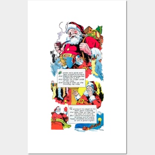 Retro Santa Claus handing out toys down the chimneys at Merry Christmas Vintage Comic Book Posters and Art